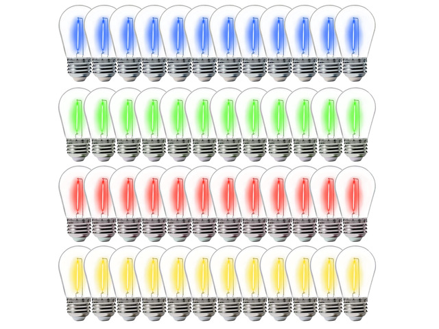 48 Pack S14 Colored LED String Light Bulbs, Waterproof Outdoor Replacement Bulbs, E26 Base, CRI80, Red/Green/Blue/Warm White