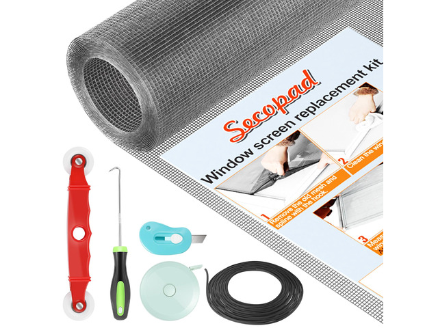 Window Screen and Screen Door Mesh Repair Kit, Grey, 48in x 118in Replacement Tools Kit, Easy to Install, Extra Large, Durable Fiberglass, Pet and...