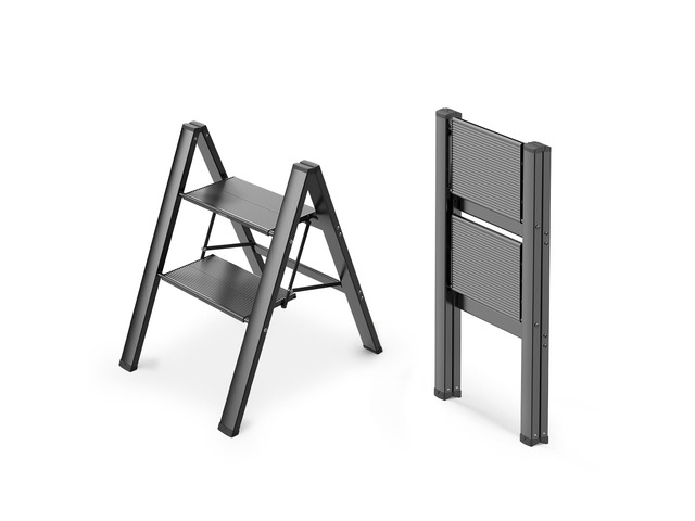 2 Step Ladder, Foldable Step Stool, 300lbs Load, Black Folded 27''H x 2''T; Net 6.6 lbs; Rigid Aluminum Steps; No Assembly; For Home, Kitchen,...