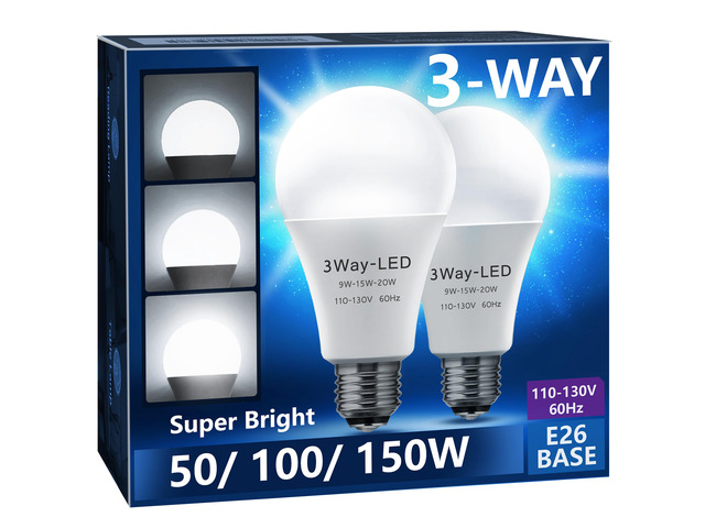 3 Way LED Light Bulbs 50-100-150W Equivalent A21 Daylight White 3-Way LED Light Bulb 5000K E26 Medium Base 600LM-1250LM-1850LM, Perfect for Table...