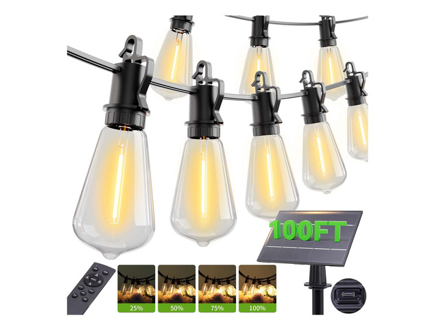 100ft Solar Lights Outdoor String light patio 30+2bulbs Shatterproof, solar String Lights Outdoor Waterproof with Remote ST38 Vintage Edison...