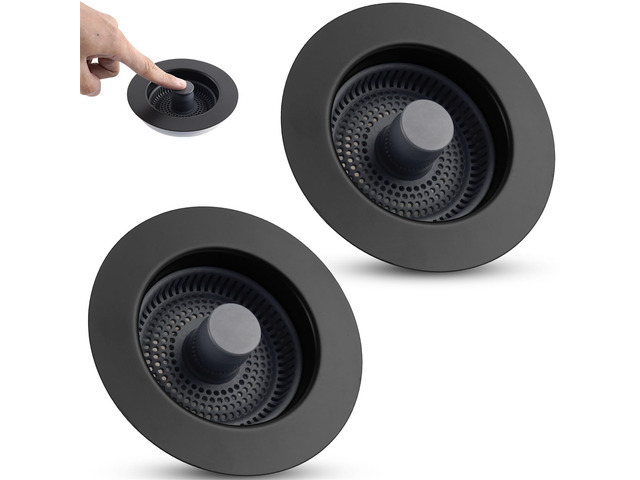 Universal 3 in 1 Kitchen Sink Drain Strainer Stopper, 2PCS, Matteblack Stainless Steel Shell Pop Up Sink Stopper for US Standard 3-1/2 inch Drain...