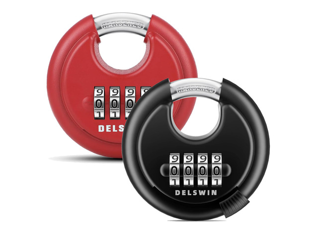 4-Digit Disc Combination Lock, Black and Red Outdoor, Heavy Duty, Hardened Steel Shackle, Weatherproof, 3/8' Shackle