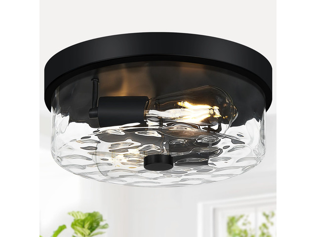 Flush Mount Ceiling Light Fixtures, 2-Light Black Ceiling Mount for Farmhouse with Water Ripple Glass Lampshade, Industrial Flush Mount Light...