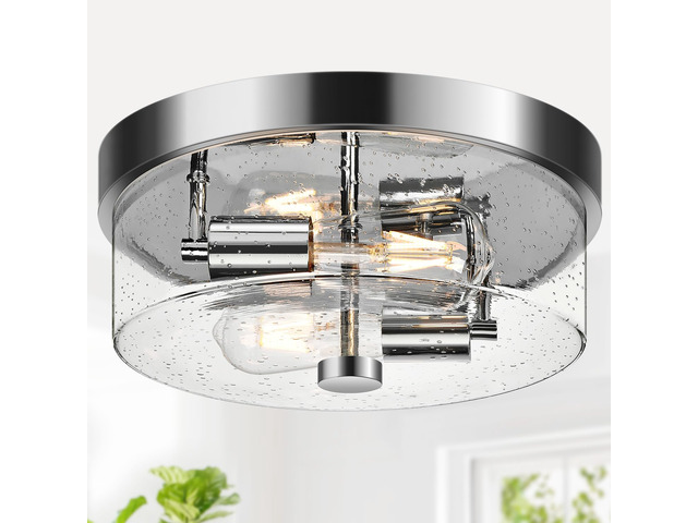 Flush Mount Ceiling Light Fixtures, 2-Light Chrome Ceiling Mount for Farmhouse with Seeded Glass Lampshade, Industrial Hall Flush Mount Light...