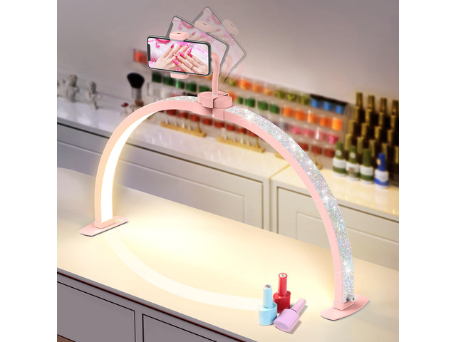 Half Moon Light for Nail Desk: 29' Foldable Nail Light for Desk AB Diamonds Arch Nail Tech Light with Phone Holder for Beginner - 3 Color Modes &...