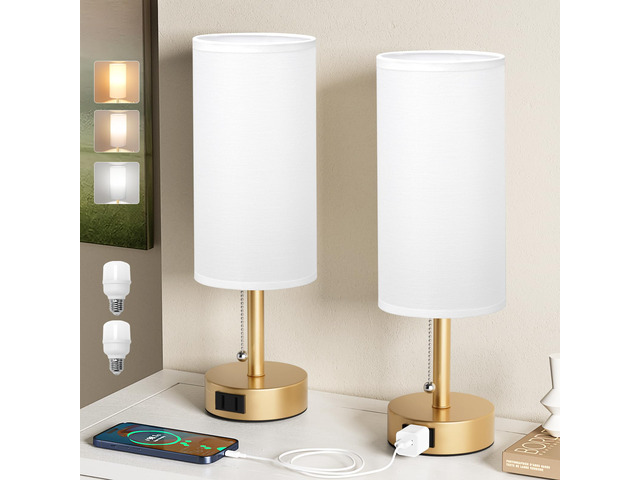 Gold Bedside Table Lamps Set of 2 - Bedroom Lamp for Desk, AC Outlet 3CCT(3000K/4000K/5000K), LED Bulbs Included, White Fabric Lampshade, 14in...