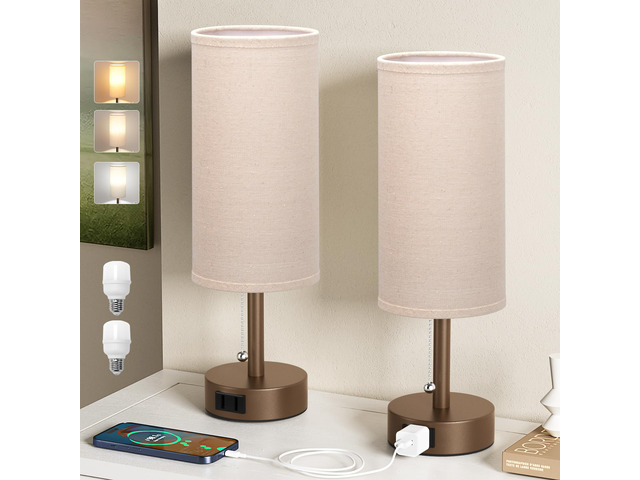 Brown Bedside Table Lamps Set of 2 - Bedroom Lamp for Desk, AC Outlet 3CCT(3000K/4000K/5000K), LED Bulbs Included, Beige Fabric Lampshade, 14in...