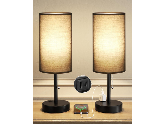 17.4' Black Bedside Table Lamps Set of 2 - Bedroom Lamp, USB C+A, AC Outlet 3CCT(3000/4000/5000K), LED Bulbs Included, Black Fabric Lampshade,...