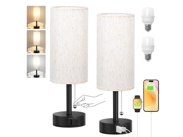 Cream Bedside Table Lamps Set of 2 - Bedroom Lamp for Desk, USB C+A 3CCT(3000K/4000K/5000K), LED Bulbs Included, Cream Fabric Lampshade, 14in Small...