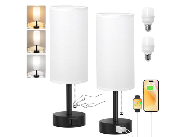 White Bedside Table Lamps Set of 2 - Bedroom Lamp for Desk, USB C+A 3CCT(3000K/4000K/5000K), LED Bulbs Included, White Fabric Lampshade, 14in Small...