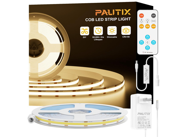 COB LED Strip Lights with RF Remote,UL Listed Dotless LED Lights Dimmable 3000K Warm White,Super Bright 16.4ft Flexible 24V LED Tape Light,for...