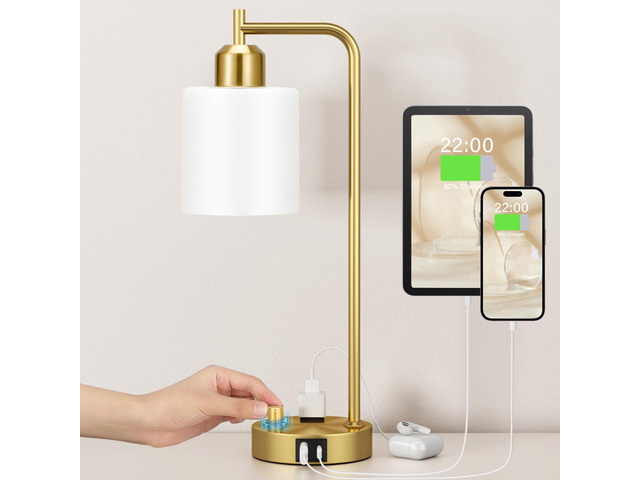 Gold Lamp for Bedroom - Industrial Bedside Table Lamp with USB Port and Outlet, Fully Dimmable Nightstand Lamp with Opal Glass Shade, Small Desk...