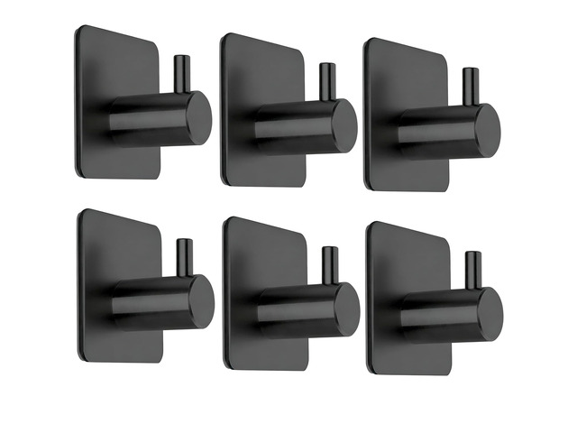 No Drill Black Adhesive Towel Hooks 15lbs Stick on Hooks Heavy Duty Waterproof Anti-Slip Wall Hooks for Bathroom Kitchen Entryway Dorm-6 Packs