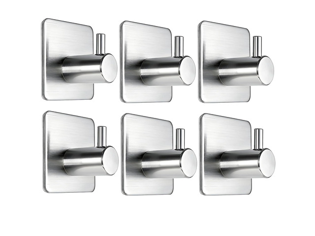 Adhesive Wall Hooks, 15lbs Stainless Steel Heavy Duty No Drill Towel Hooks for Bathroom Kitchen Entryway Dorm-6 Packs