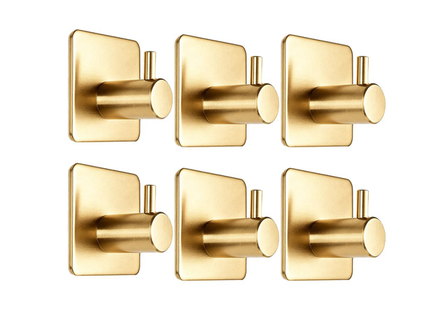 Gold Brushed 304 Stainless Steel Adhesive Wall Hooks, 15 lbs Heavy Duty No Drill Waterproof Rustproof Oil Resistant Anti-Slip Stick On Hooks-6 Pack
