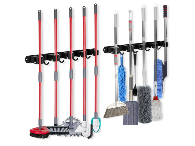 [2 Pack] 5 Racks and 4 Hooks Mop and Broom Holder Wall Mount, Self Adhesive Heavy Duty Broom Organizer Storage Tool Racks for Kitchen Garden...