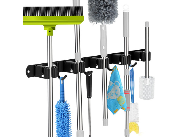 5 Racks and 4 Hooks Mop and Broom Holder Wall Mount, Self Adhesive Heavy Duty Broom Hanger Organizer Storage Tool Racks for Kitchen Garden Laundry...