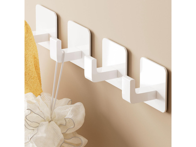Square Self Adhesive Towel Hooks - 4 Pack White Metal Hooks Self-Adhesive, Durable Aluminum, Rust Resistant, Right-Angle Style, Easy Install, Space...