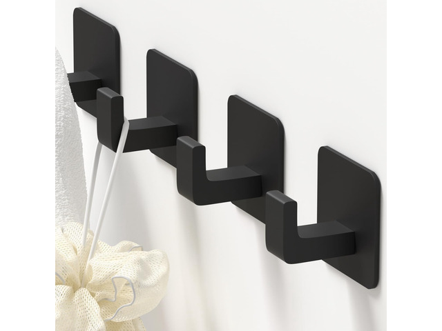 Square Self Adhesive Towel Hooks - 4 Pack Matte Black Metal Hooks, Right-Angle Design for Towels, Robes & Hats, Organize Bathroom, Kitchen,...