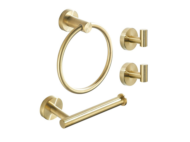 Gold Bathroom Hardware Set, Brushed Gold Toilet Paper Holder Towel Ring and 2 Robe Hook Bathroom Accessories Hand Towel Holder Kit Wall Mount...