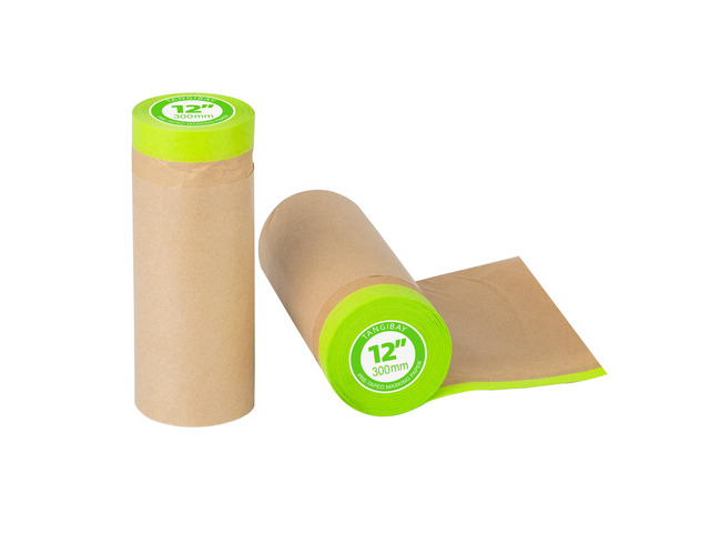 Pre-Taped Masking Paper for Painting - 12 inch x 50 feet Tape and Drape Painters Paper, Paint Adhesive Protective Paper Roll for Covering Skirting,...