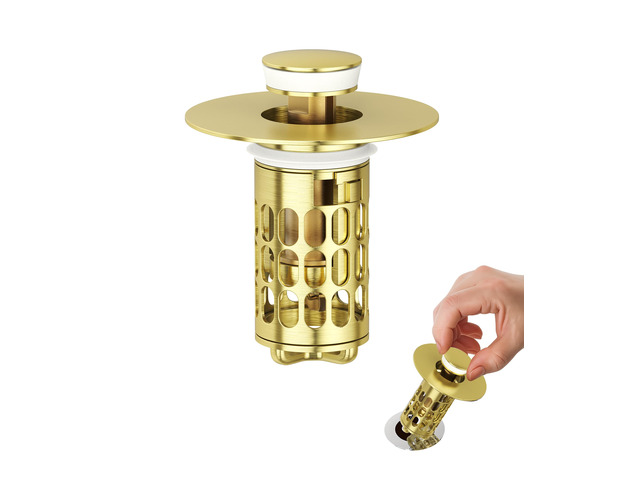 Upgraded Bathroom Sink Stopper with Hair Catcher - Universal Pop-Up Drain Plug, Stainless Steel & Silicone Seal for 1.1-1.5 Inch Drains, Gold Matte...