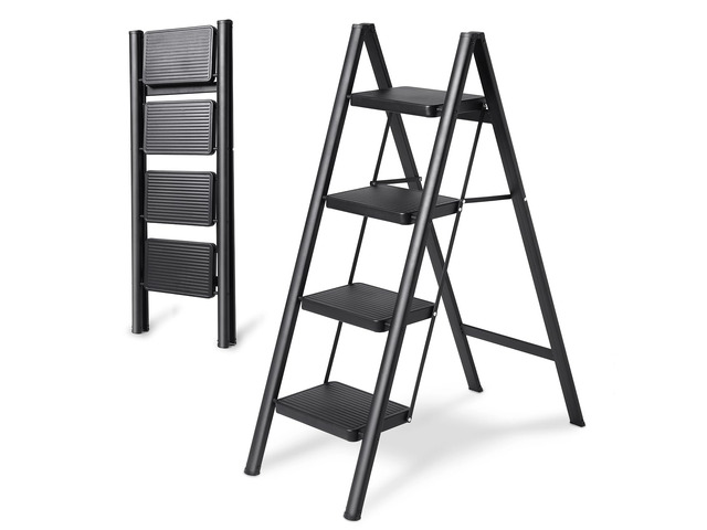 4-Step Folding Ladder, Heavy Duty Ladders for Home & Kitchen, Folding Ladder Easy to Store, Tall Ladder for Adults, Anti-Slip & Space-Saving Step...