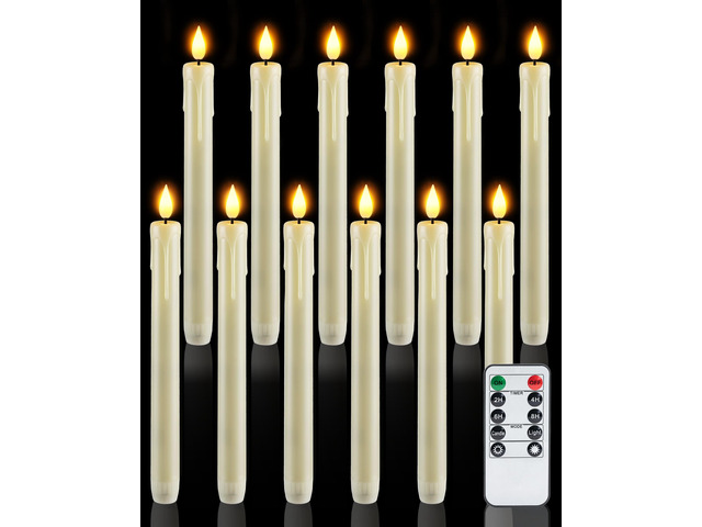 12 Pcs Plastic Flameless Taper Candles with Remote Timer Dimmer, Ivory Led Candlesticks with Flickering Flame Light, Lifelike Taper Candles Battery...