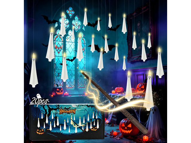 Ghost Flameless Floating Candles with Wand Remote, 20 Pcs Magic Flickering Battery Operated LED Hanging Taper Candles for Halloween Party...