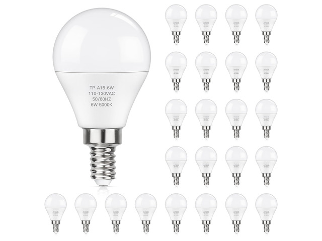 E12 LED 60W Equivalent Daylight White 5000K Ceiling Fan Bulbs, 600LM CRI 85+ Small Base Candelabra Bulbs, 6W Non-Dimmable, Pack of 24