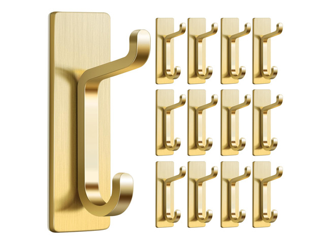 Self Adhesive Wall Hooks for Hanging: Extra Strong 13 LB, Hook for Coat, Towel in Bathrooms, Shower, Kitchen, Wall, Door Hook, Gold 12 Pack