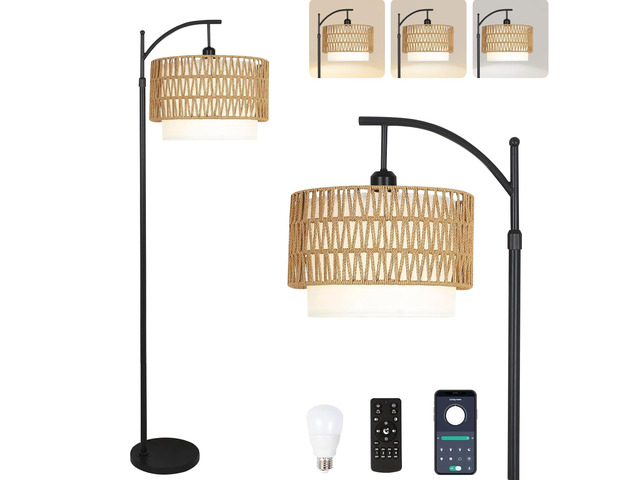 Arc Floor Lamp for Living Room Boho Floor Lamps with Remote Control & with 3 Color Temperatures,Rattan Wicker Standing Lamp Dimmable Tall Floor...