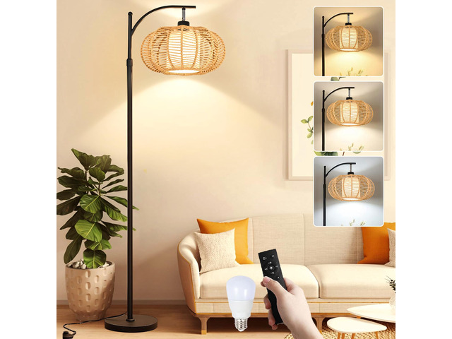 Arc Floor Lamps for Living Room Bedroom Rattan Boho Floor Lamp with Remote Control,Dimmable Led Standing Lamp Wicker Lamp Shade Rustic Tall Floor...