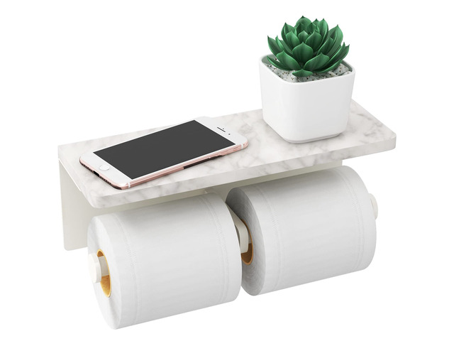 Double Toilet Paper Holder, Toilet Paper Wall Mount, White Marble Toilet Paper Holder with Shelf, Stainless Steel Roll Holder for Bathroom Washroom