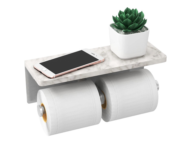 Toilet Paper Holder with Marble Shelf, Double Brushed Nickel Stainless Steel Tissue Roll Paper Holder Wall Mount for Bathroom Washroom