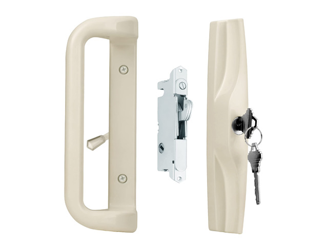 Beige Sliding Glass Door Handle Set with Lock and Key Fits 3-15/16 in screw holes; keyed mortise lock, reversible, for 1.25 to 2.25 in doors