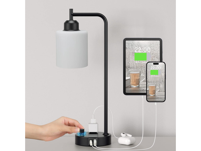 Industrial Bedroom Table Lamps for Bedside - White Opal Glass Shade Desk Lamps with USB C Port, Fully Dimmable Black Lamps with USB Port and...