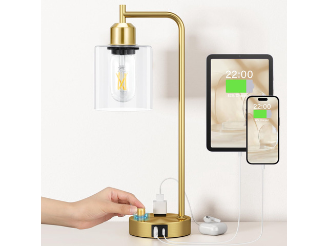 Gold Table Lamp for Bedroom - Industrial Bedside Lamp with USB Port and Outlet, Fully Dimmable Nightstand Lamp with Clear Glass Shade, Small Desk...