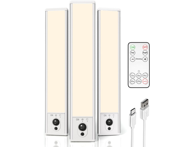 3-Pack Under Cabinet Lighting, 2400mAh Motion Sensor Light, LED Closet Lights Wireless, 3000K Dimmable, Timer, Magnetic, with Remote Control for...