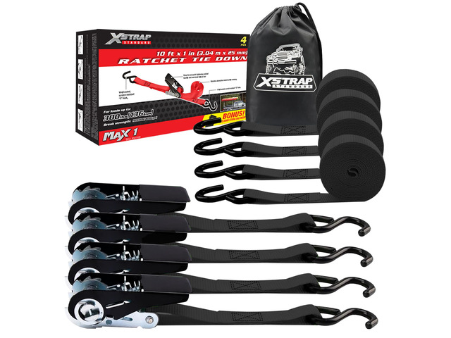 4-PK Ratchet Tie Down Straps, 1' x 10FT Cargo Straps, Black 900 Lbs Break Strength Securing Straps with S-Hook for UTV, ATV, Pickup,Truck, Moving...