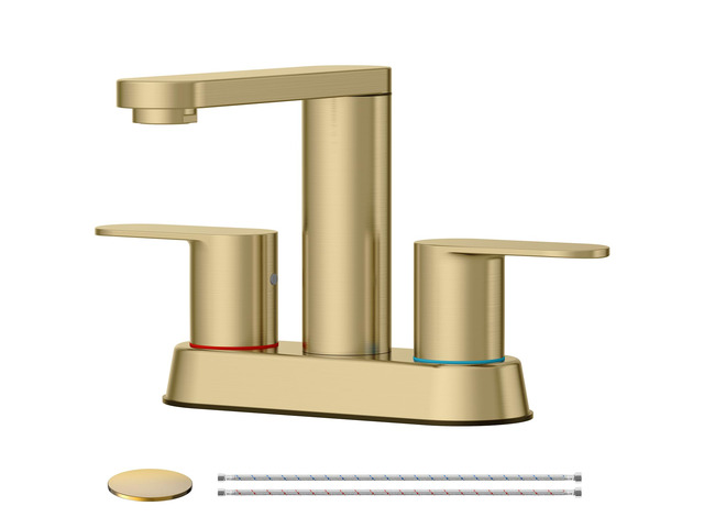 Brushed Gold Bathroom Faucets 4 Inch Centerset Faucet for Bathroom Sink 2 or 3 Hole Basin 2-Handle 360° Swivel Spout Bathroom Sink Faucet with Pop...