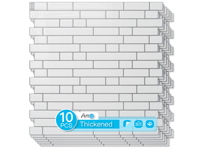 Linear Tile Peel and Stick Backsplash, 10-Pack, White with Gray Grout 12 x 12 Inch, Enhanced Thickness, Warp Resistant, Strong Adhesion, Sturdy,...