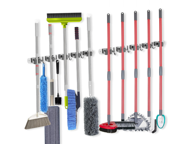 [2 Pack] 5 Racks and 4 Hooks Mop and Broom Holder Wall Mount, Self Adhesive Heavy Duty Broom Organizer Storage Tool Racks for Kitchen Garden...