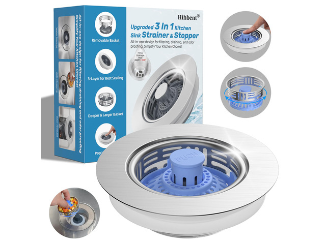3 in 1 Kitchen Sink Drain Strainer, Metal Pop Up Stopper Larger Anti-Clogging Basket, 3-Layer Seal, Detachable Sink Drain Plug for US Standard...