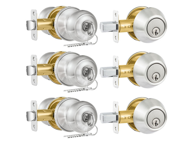 3 Pack Entry Door Lock and Single Cylinder Deadbolt Combo Set, Keyed Alike Satin Nickel Exterior Door Knobs with Lock & Keys, Round Ball Door...