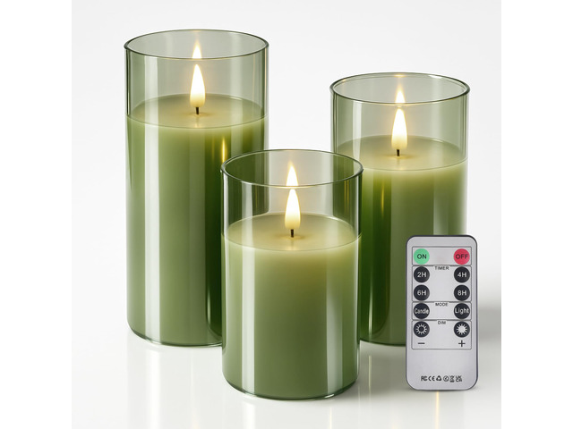 Glass Battery Operated LED Flameless Candles with Remote and Timer, Real Wax Candles Warm Color Flickering Light for Festival Wedding Home Party...