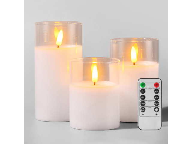 Glass Battery Operated LED Flameless Candles with Remote and Timer, Real Wax Candles Warm Color Flickering Light for Festival Wedding Home Party...