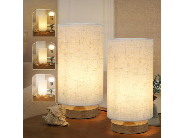 Minimalist Bedside Table Lamps for Bedrooms Set of 2, 3 Color Temperature Bedside Lamps with Round Fabric Linen Shade,Small Desk Lamp Night...