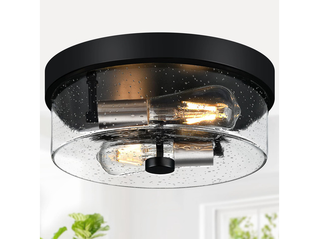Flush Mount Ceiling Light Fixtures, 2-Light Black and Silver Ceiling Mount for Farmhouse with Seeded Glass Lampshade, Industrial Flush Mount Light...